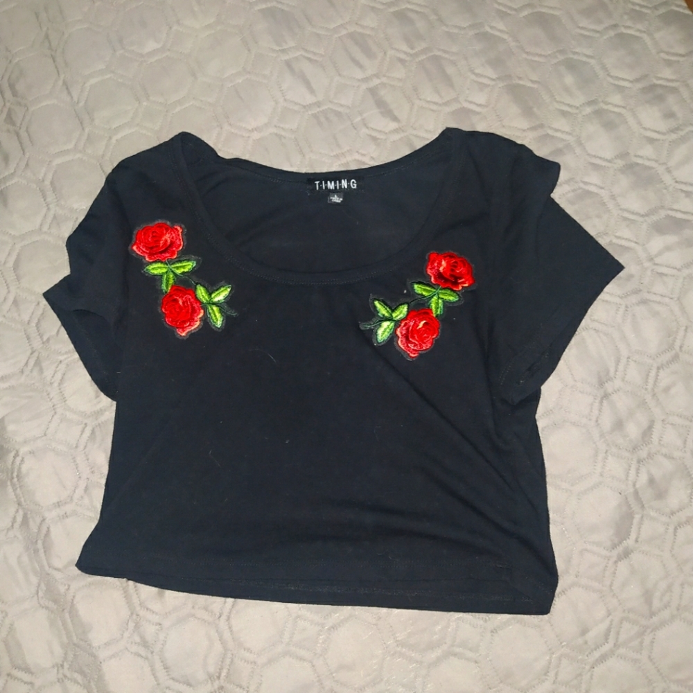 Timing Embroidered Rose Patch Shirt L Black Crop t
